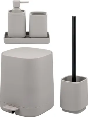 Produktbild von eluno Bad-Set VALONA 5tlg. mit Seifenspender, Becher, Schale, Kosmetikeimer und WC-Garnitur aus Kunststoff in Taupe