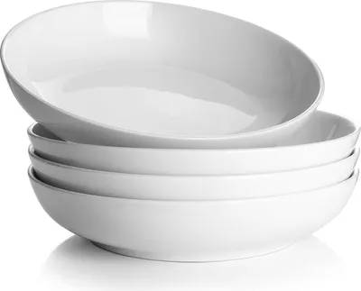 Zdjęcie produktu dla DOWAN talerze do makaronu 887 ml, duże ceramiczne miski do sałatek, biały płaski talerz do makaronu zestaw 4, można myć w kuchence mikrofalowej i zmywarce