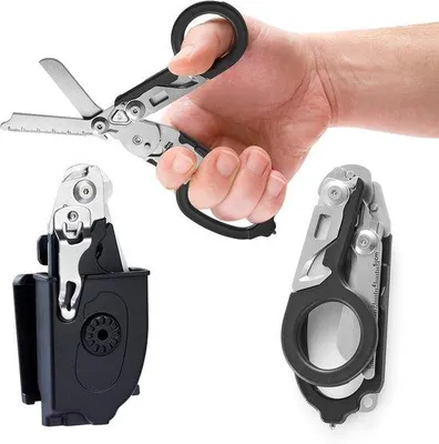 Produktbild von Multifunktionale, roestvrij stahlige, 6-in-1 Notfallschere | Schere mit Aufbewahrungsbeutel | Schere mit Schneidwerkzeugen | Überlebensschere | Schwarz | 6-in-1 Notfallschere