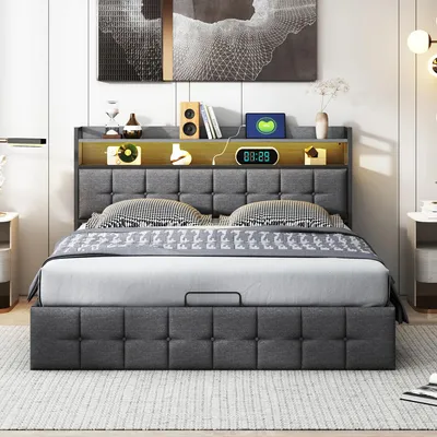 Obrázek produktu pro Postel s čalouněnou čelo - manželská postel 160 x 200 cm - s úložným prostorem - potah z lněného materiálu - kovový rám - šedá barva