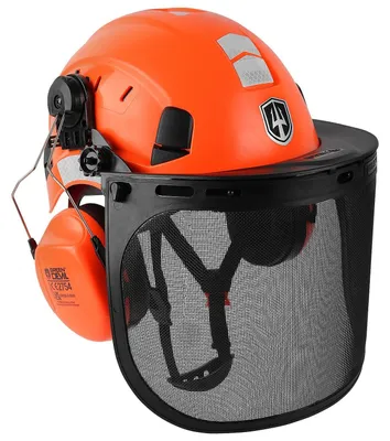 Zdjęcie produktu dla Kask ochronny do pilarek łańcuchowych z ochroną słuchu i osłoną twarzy, zestaw 3 w 1