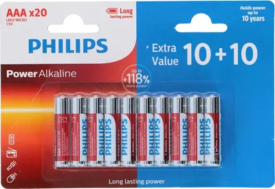 Immagine prodotto di Philips batterie AAA 20 pezzi batterie LR03/1,5V - Batterie alcaline - Batteria AAA con durata di conservazione di 10 anni - fino al 118% di energia in più