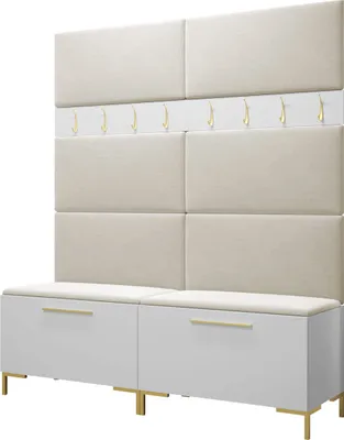 Produktbild von MIRJAN24 Garderoben-Set Zilion II, Garderobe mit 8 Stück Gepolstertes Wandpaneel Pag 84x42 (Weiß + Gold, Manila 02)