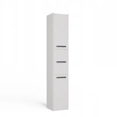 A tall, narrow white cabinet with three sections, each with a dark handle, against a white background.