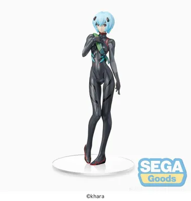 A figurine of Rei Ayanami from Evangelion: Thrice Upon a Time, standing on a clear circular base.
