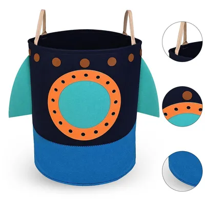 Produktbild von Kinder Wäschekorb Filz 56L mit Griffen, Spielzeugkorb Rakete faltbar Aufbewahrungskorb Kinderzimmer D40×H45 cm