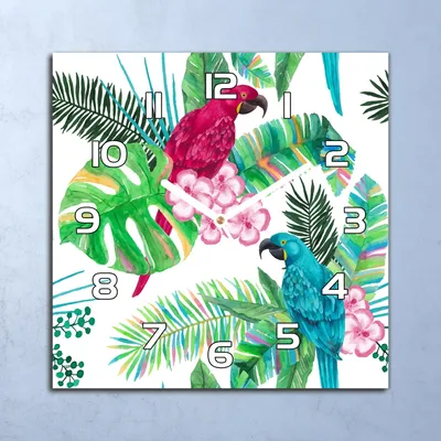 A square clock with a tropical theme featuring two parrots and lush foliage.