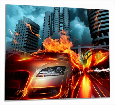 Produktbild von Wallario Herdabdeckplatte aus Glas, Größe 60 x 52 cm 2-teilig, Motiv Brennendes  fahrendes Auto