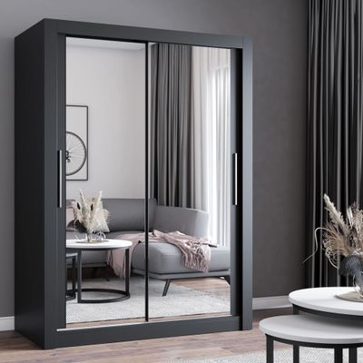 Schwebetürenschrank Kleiderschrank Schrank 180cm Schwarz/Schwarz mit zwei Spiegeln MILAN