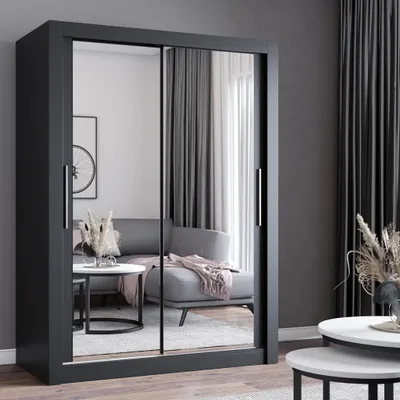 Produktbild von Schwebetürenschrank Kleiderschrank Schrank 180cm Schwarz/Schwarz mit zwei Spiegeln MILAN