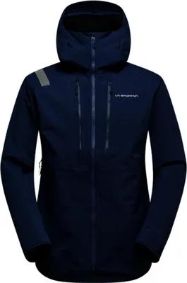 Dunkelblaue La Sportiva Supercouloir GTX Pro Jacke mit Kapuze und zwei senkrechten Reißverschlusstaschen vorne