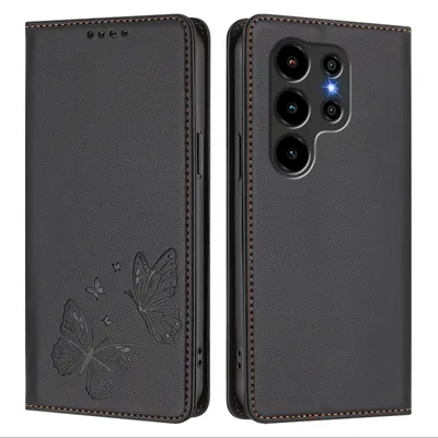 Produktbild von Lederhülle für Blackview Wave 10C, Schmetterling Prägung Leder Brieftasche Schutzhülle mit Ständer Schwarz