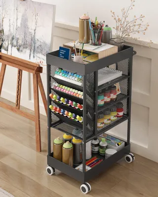 Produktbild von 5-stöckiger Servierwagen aus Metall, Wagen aus Kohlenstoffstahl mit 360°-Lenkrollen, schwarzer Servierwagen 27 x 42 x 70 cm für Kunst/Büro