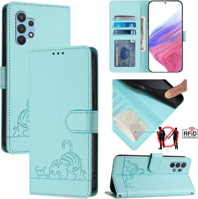 Produktbild von Leder Hülle für Samsung Galaxy A32 4G Süße Katze Flip Case Brieftasche Schutzhülle mit Standfunktion hellgrün