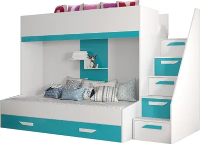 Produktbild von Etagenbett für Kinder Party 16 Stockbett mit Treppe und Bettkasten (Weiß + Türkis Glanz)