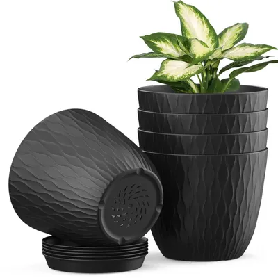 Productafbeelding van Bloempotten met irrigatiesysteem, set van 5, 15,3 cm, zwart, kunststof