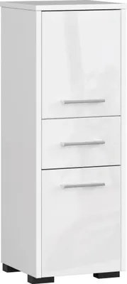 Produktbild von Badezimmerschrank Hochglanzweiß 2D mit Ausziehbarer Schublade und Silbergriffen