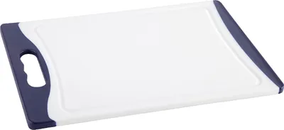 A white and blue plastic cutting board with a handle is shown from a diagonal angle against a white background.