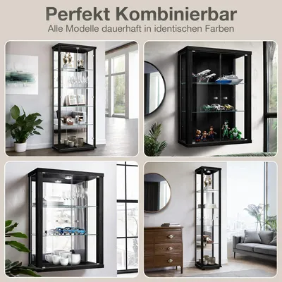 Produktbild von K-Möbel Glasvitrine stehend in Schwarz (176x37x33 cm) mit 4 höhenverstellbaren Glasböden & LED - Standvitrine - Vitrinenschrank - Sammlervitrine
