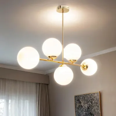 Produktbild von Deckenleuchte Metall Glas E27 in Gold Weiß Kugelschirm Modern Deckenlampe