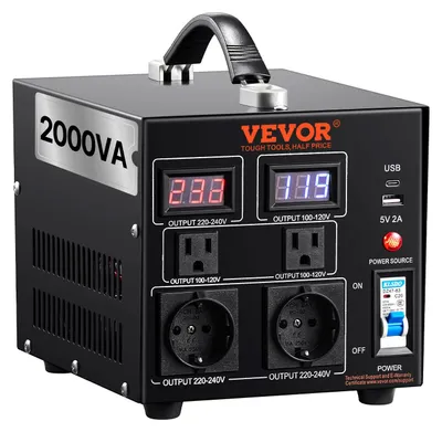 Produktbild von VEVOR Spannungswandler Transformator, 5000VA, Schwerlast Step Up/Down Transformator, Wandelt von 110 Volt auf 220 Volt und von 220 Volt auf 110 Volt, mit US-Steckdose EU-Steckdose 5V USB-Anschluss, , 2000 VA