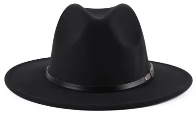 Image de Chapeau Fedora unie en mélange de laine, avec boucle de ceinture, large bord, pour femmes et hommes, couleur noire