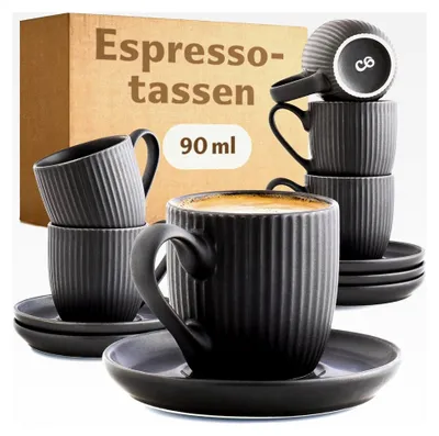 Produktbild von Espressotassen Schwarz Matt mit Untertassen 6er Set - 90ml - Streifenmuster Keramik - Spülmaschinenfest - Mikrowellenfest - Mokkatassen Set