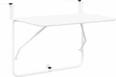 A white metal balcony table with adjustable clamps.