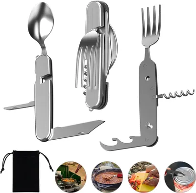 Productafbeelding van 6-in-1 Klapbestekset, Roestvrij staal, Mes, Vork, Lepel, Flesopener, Voor Outdoor