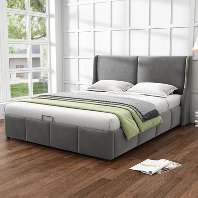 Obrázok produktu pre Posteľ Sweiko s pružinovým boxom 180x200cm Hydraulická funkcia Čalúnená posteľ s pohodlným čelom a lamelovým rámom z masívneho dreva Sivý zamat (bez matraca)