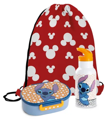 Produktbild von Set aus Brotdose, Flasche und Rucksack mit Kordelzug von Stitch