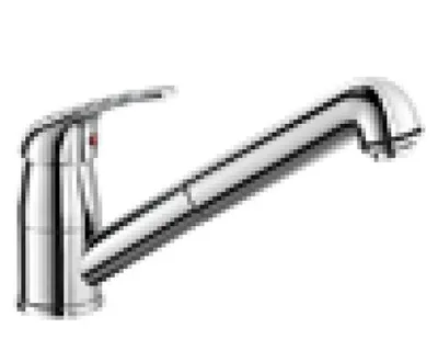 A chrome kitchen faucet with a pull-out spray hose, shown against a white background.
