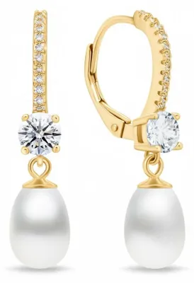Immagine prodotto di Orecchini pendenti placcati oro con zirconi cubici e perla EA634Y