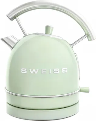 A mint green electric kettle with a silver handle and accents against a white background.