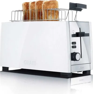 A white Graef double-slot toaster with four slices of toast in it, shown on a white reflective surface.