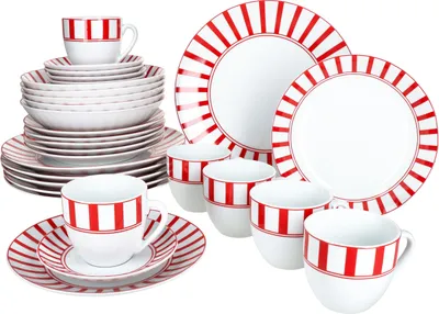 Image de Split rouge 30pcs service combiné vaisselle rayée rayures tasses assiettes
