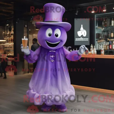 Productafbeelding van Mascottekarakter REDBROKOLY van een paarse geest gekleed met een cocktailjurk en hoedenspelden