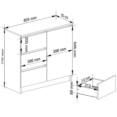 Immagine prodotto di Comò da 80 cm con 3 cassetti e 1 anta, credenza, mobile da 77 cm di altezza
