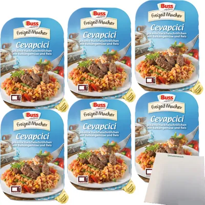 Produktbild von Buss Cevapcici Pikante Hackfleischröllchen mit Balkangemüse und Reis Fertiggericht 6er Pack (6x300g Packung) + usy Block