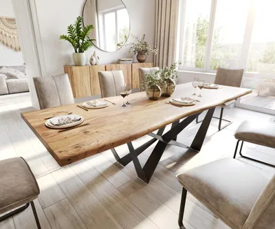 Produktbild von DELIFE Esstisch Edge 260x100 Akazie Natur Spider Flachstahl Schwarz Live-Edge