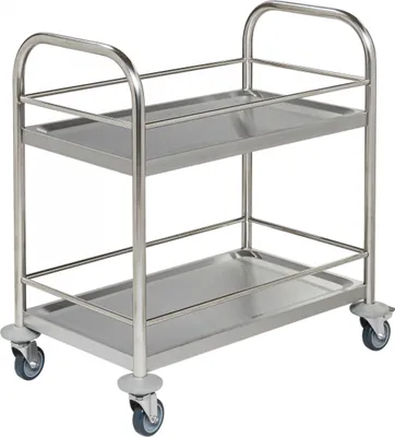 Produktbild von Kongamek kleiner Edelstahl- Tischwagen rostfrei mit 2 Böden 665x365mm mit Umrandung und Bremse