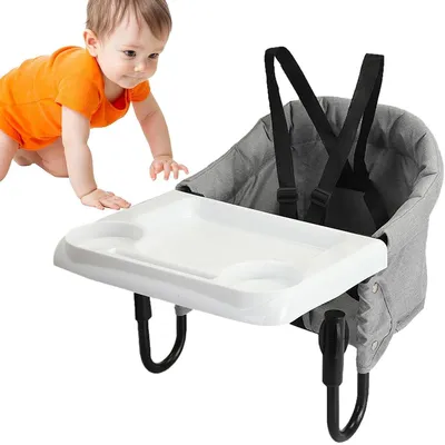 Produktbild von Kinder-Esszimmerstuhl, tragbarer Tisch-Esszimmerstuhl, Hochstuhl kann am Tisch befestigt werden, praktisch für unterwegs, grau, mit Tablett
