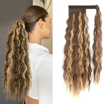 Produktbild von Pferdeschwanzverlängerung - Haarverlängerung - Haarteil - Falsches Haar - Falsches Haar - braun blondes Haar lockig - 55 cm