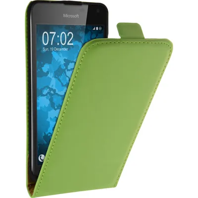 A green flip case is open, revealing a Microsoft Lumia 650 smartphone inside.