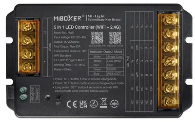 Produktbild von MiBoxer HW5 5-in-1 LED-Controller – RGB, RGBW, RGB+CCT, CCT und einfarbig, 12–48 V, 30 A, WiFi und 2,4 GHz Funk