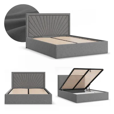 Produktbild von Polsterbett VASTO 160x200 mit Bettkasten und hochklappbarem Metall-Lattenrost, Doppelbett mit Stauraum und Kopftei Dunkelgrau Geflecht