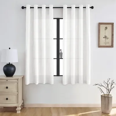 Productafbeelding van Gordijnen met oogjes 225x140 cm, set van 2, wit, linnen look, semi-transparant, voor woonkamer