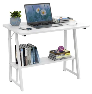 Immagine prodotto di Piccolo tavolo da computer con ripiano - Scrivania per l'ufficio domestico - Struttura in metallo - Assemblaggio fai-da-te richiesto - Stile moderno - 80 x 50 x 73 cm - Bianco