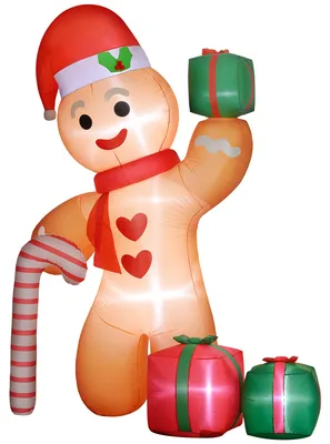 Productafbeelding van Outsunny opblaasbare kerstdecoratie, 2,45 meter, peperkoekmannetje met lolly, met 6 LED-lampjes