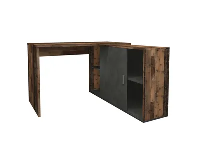 A 3D rendering of a corner desk with a rustic wood finish and a dark gray cabinet.